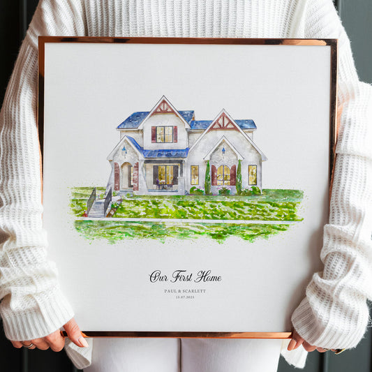 Personalized House Watercolor Portrait – Custom Home Painting Wall Art