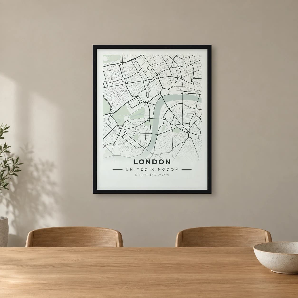 London sage map print in a dining room