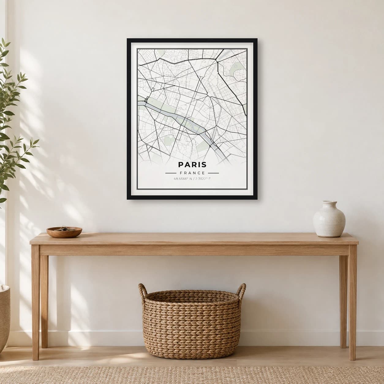 Paris map print in an entryway