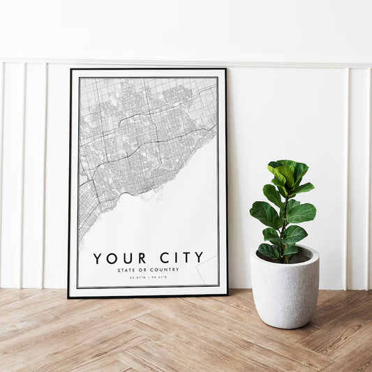 Custom City Map Print – Personalized Minimalist Wall Art | Modern Black & White City Poster