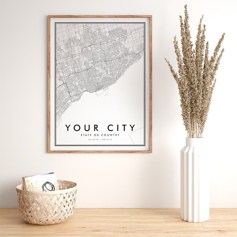 Custom City Map Print – Personalized Minimalist Wall Art | Modern Black & White City Poster