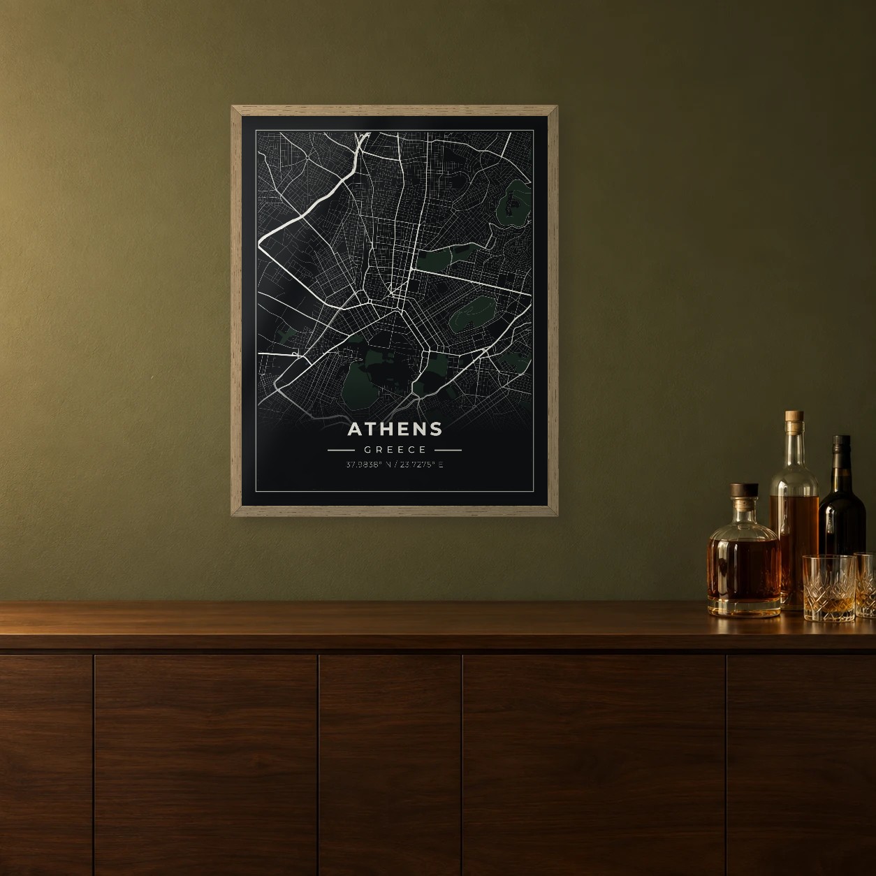 Athens Midnight map framed on a wall
