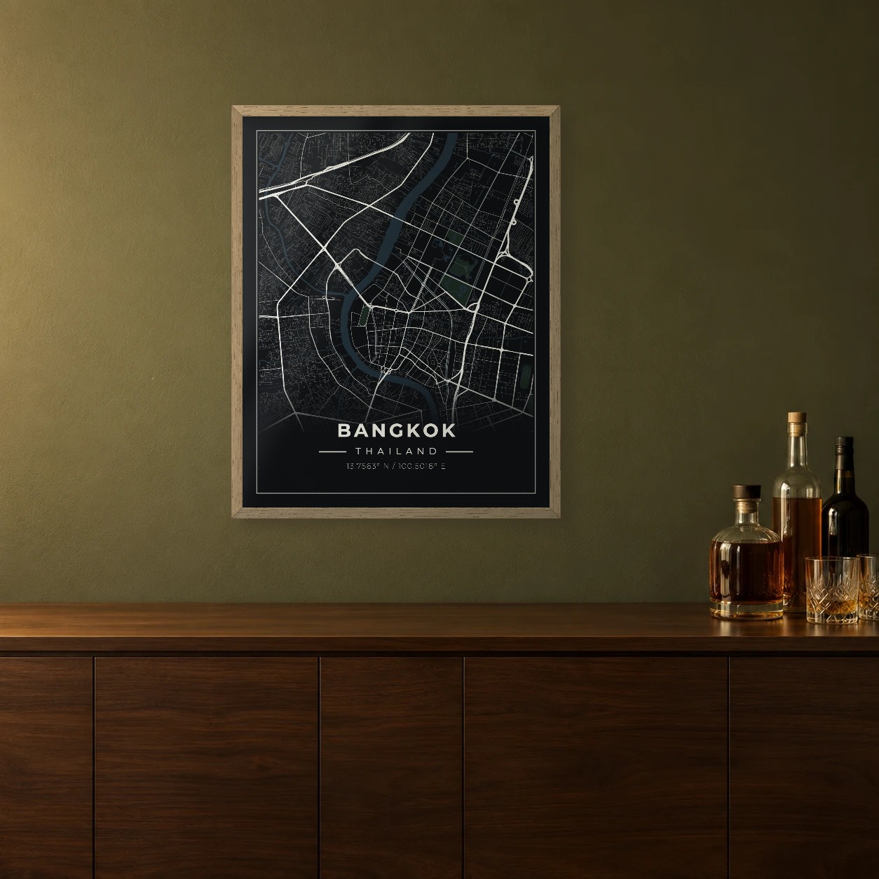 Bangkok Midnight map framed on a wall