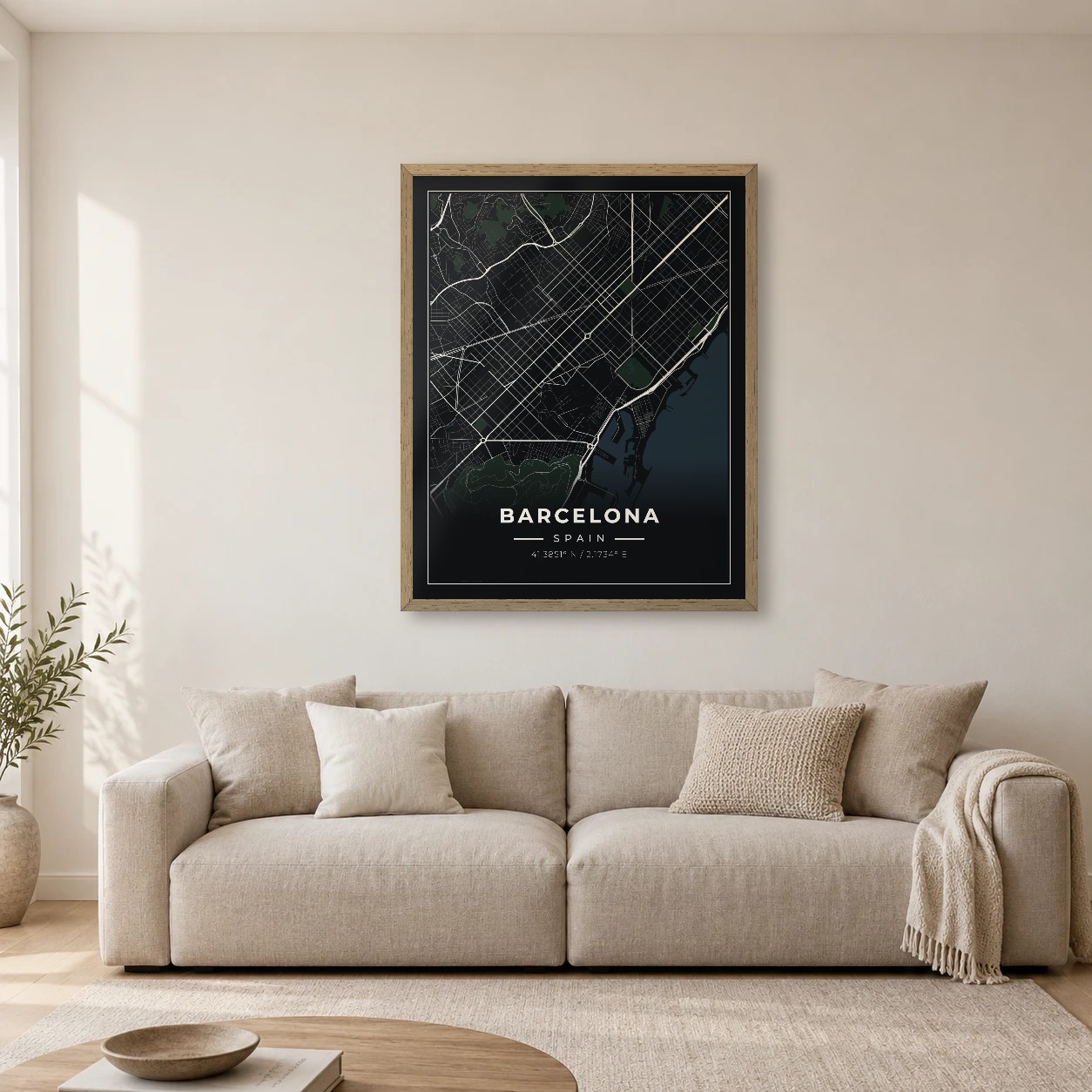 Barcelona Midnight map print, framed city wall art