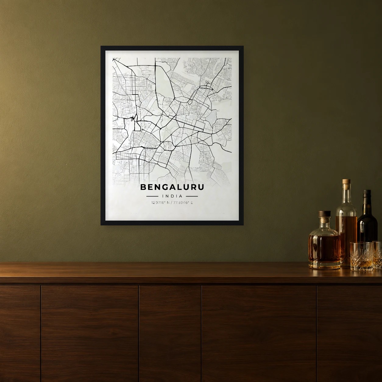 Bengaluru Ink map framed on a wall