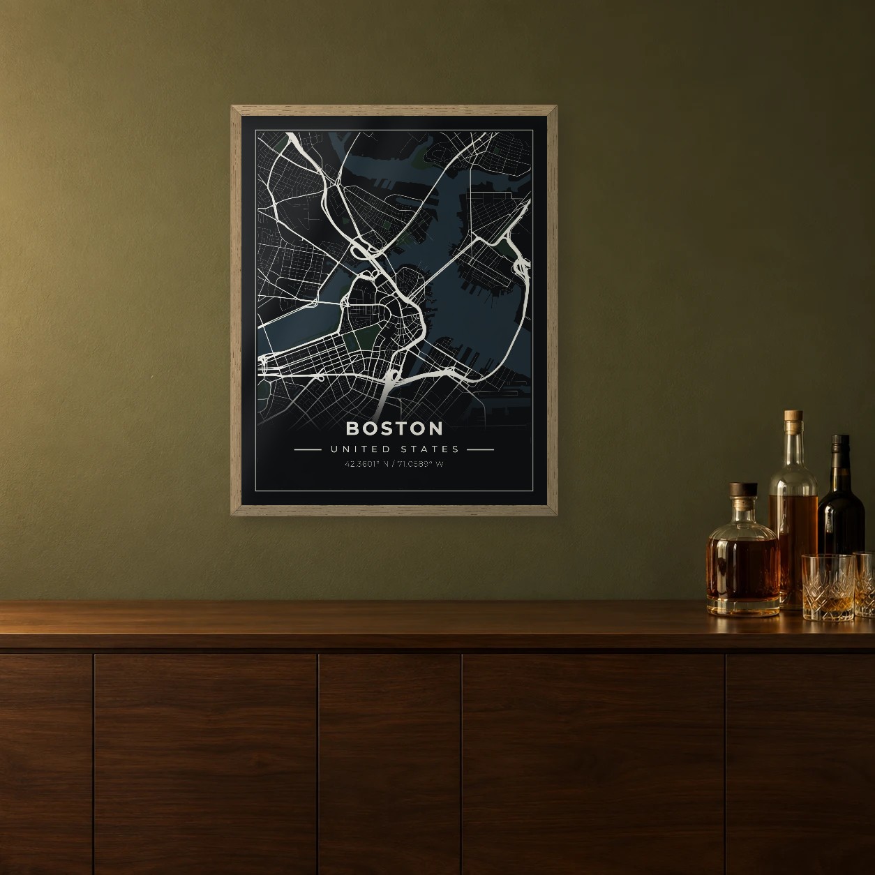 Boston Midnight map framed on a wall