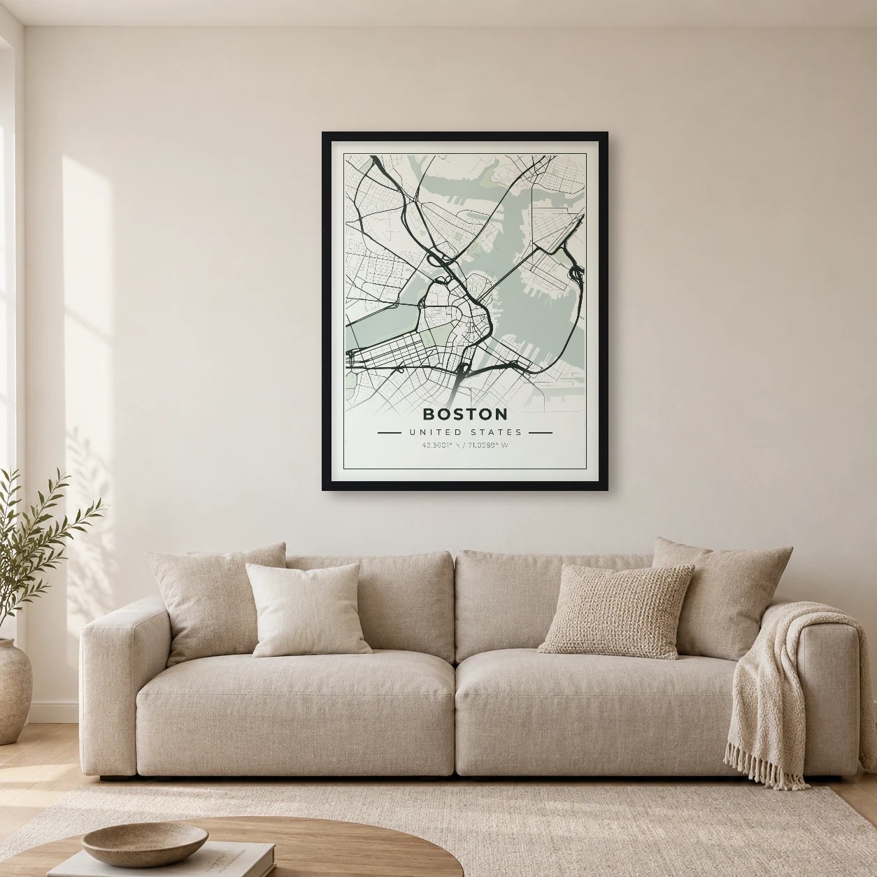 Boston Sage map print in a room