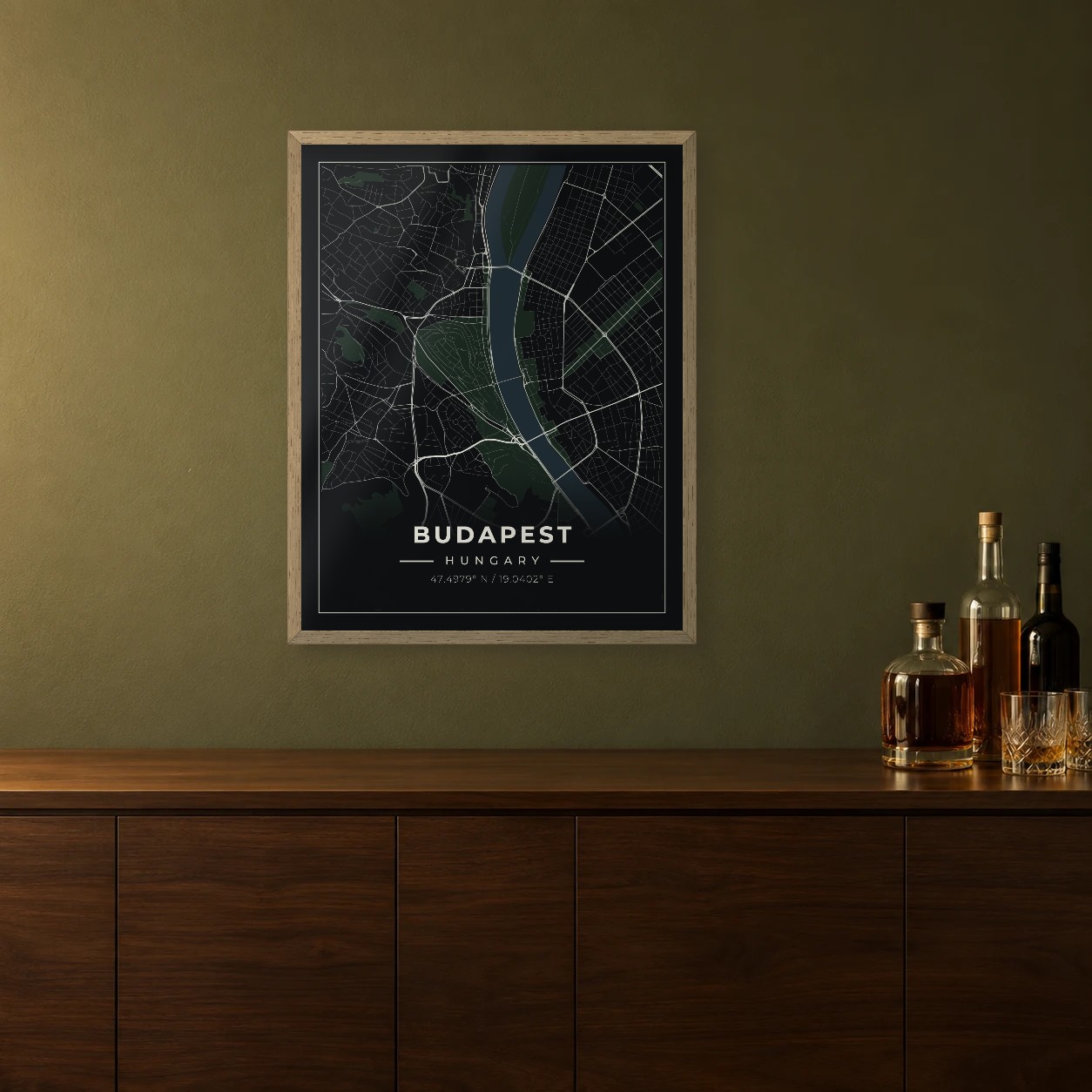 Budapest Midnight map framed on a wall