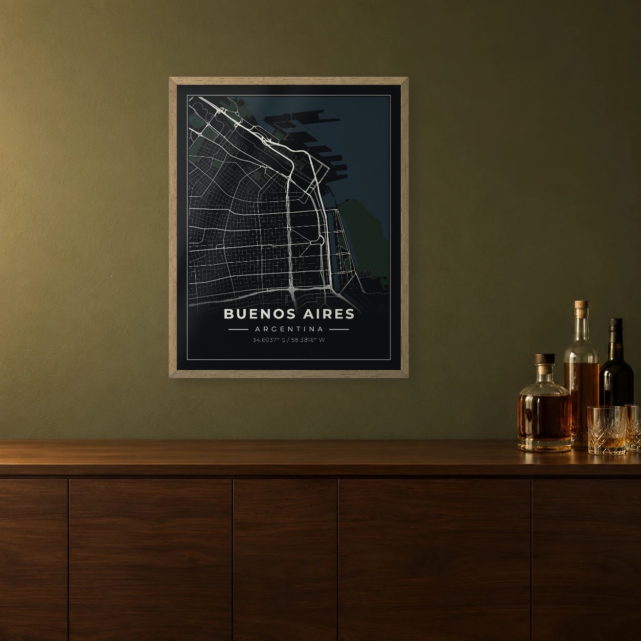 Buenos Aires Midnight map framed on a wall