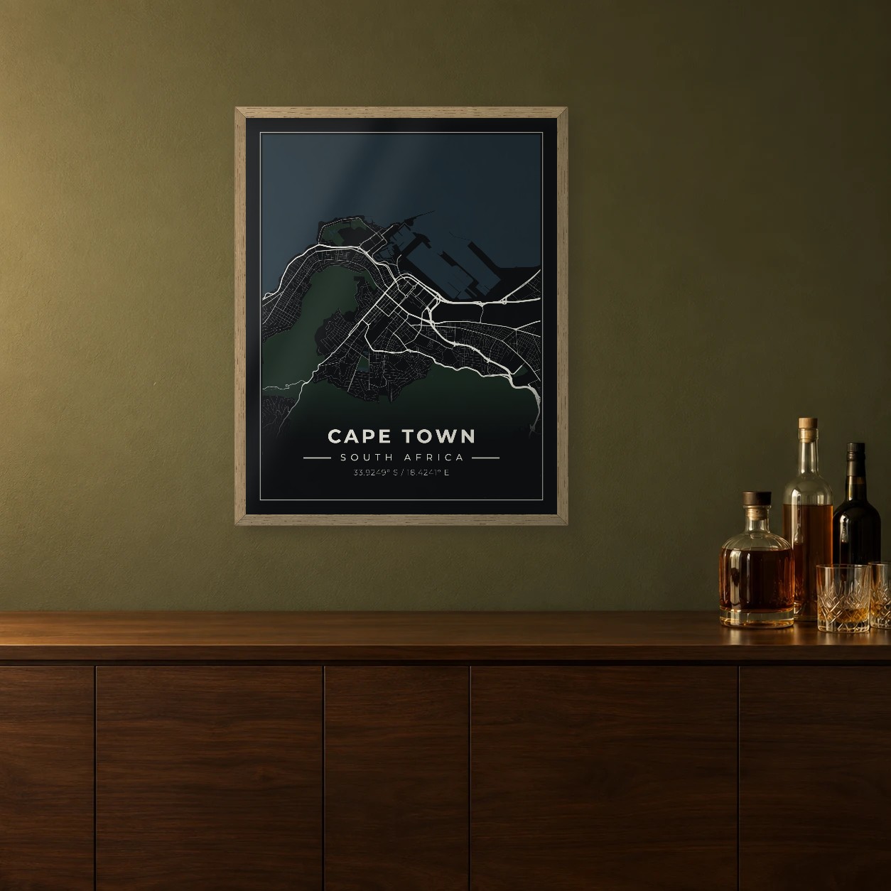 Cape Town Midnight map framed on a wall