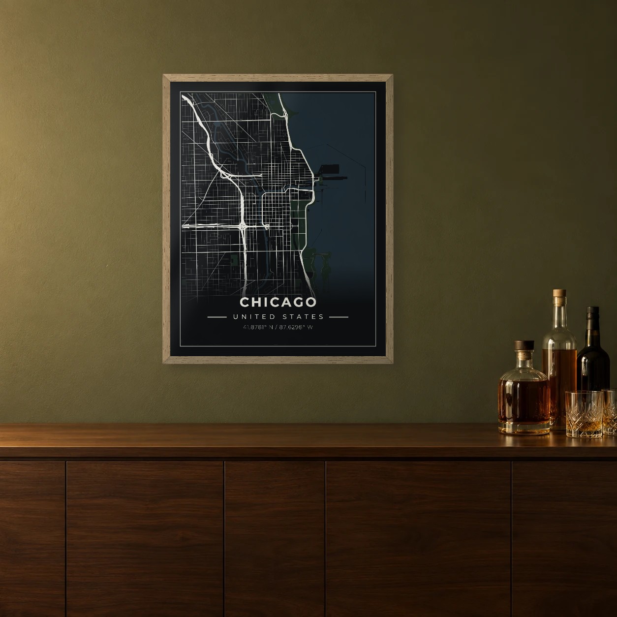 Chicago Midnight map framed on a wall