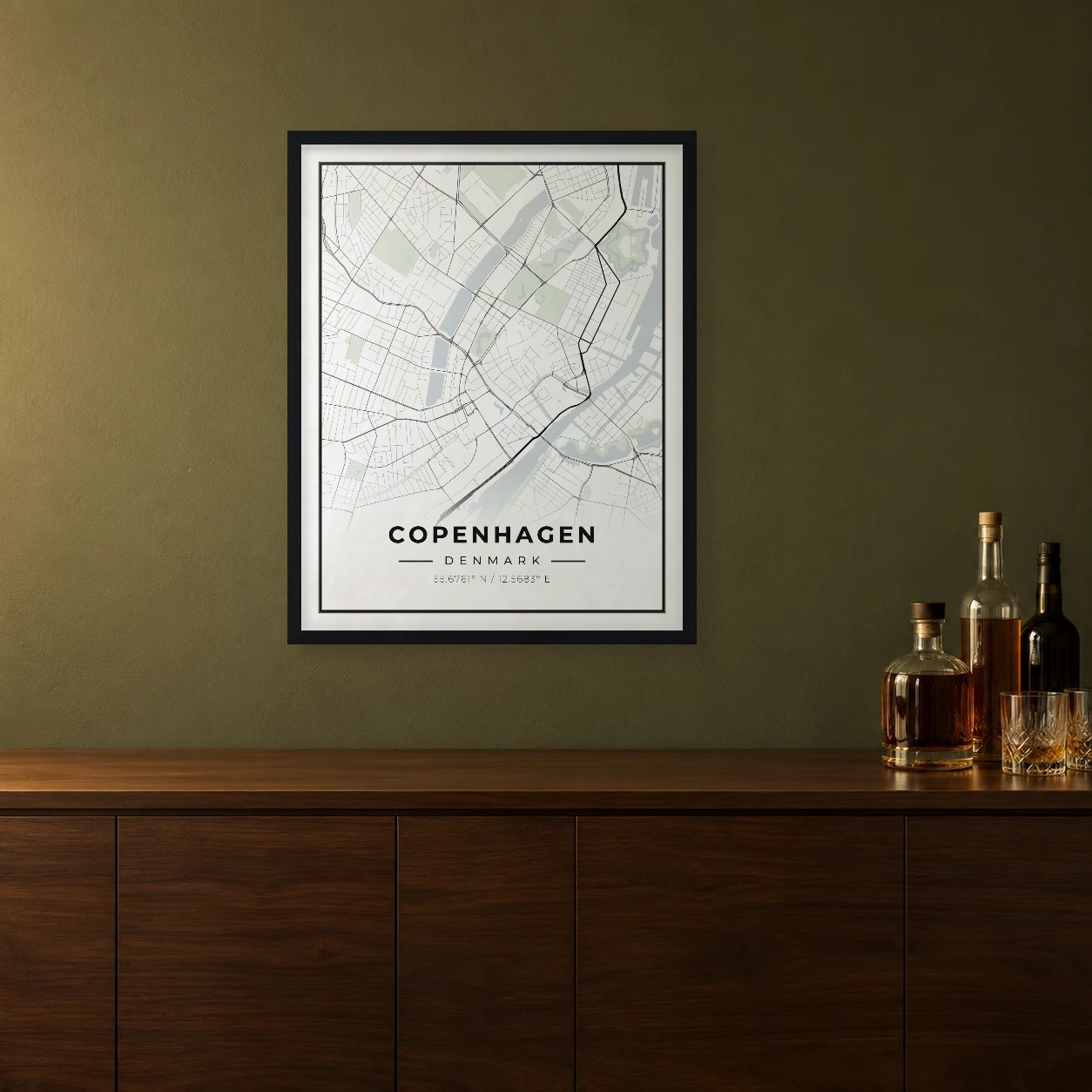 Copenhagen Classic map framed on a wall