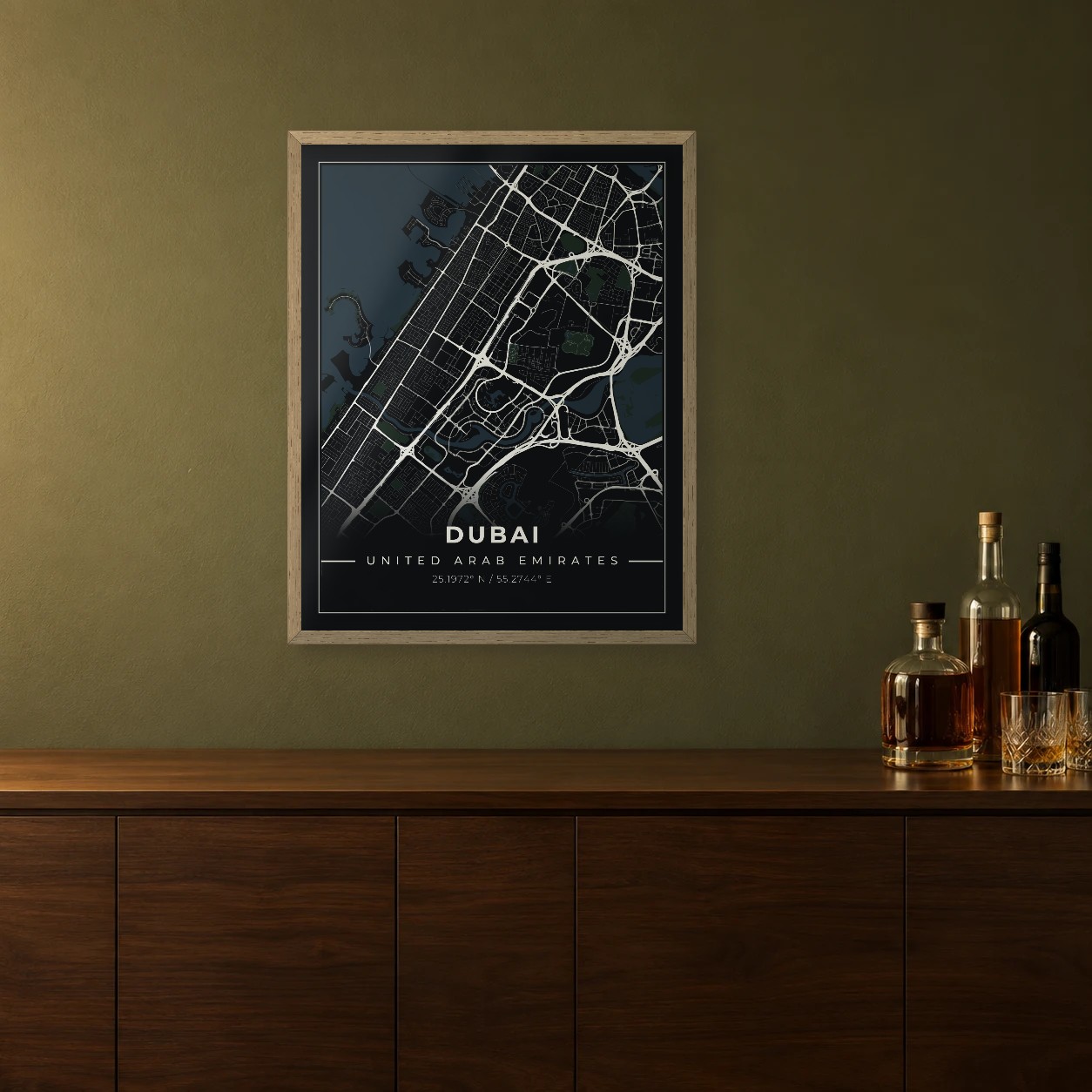 Dubai Midnight map framed on a wall