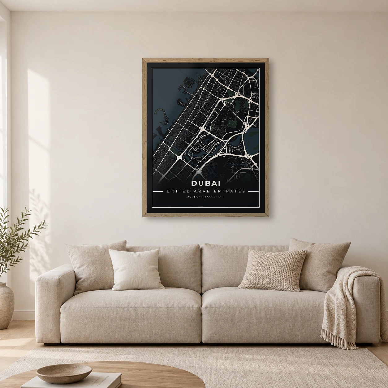 Dubai Midnight map print, framed city wall art