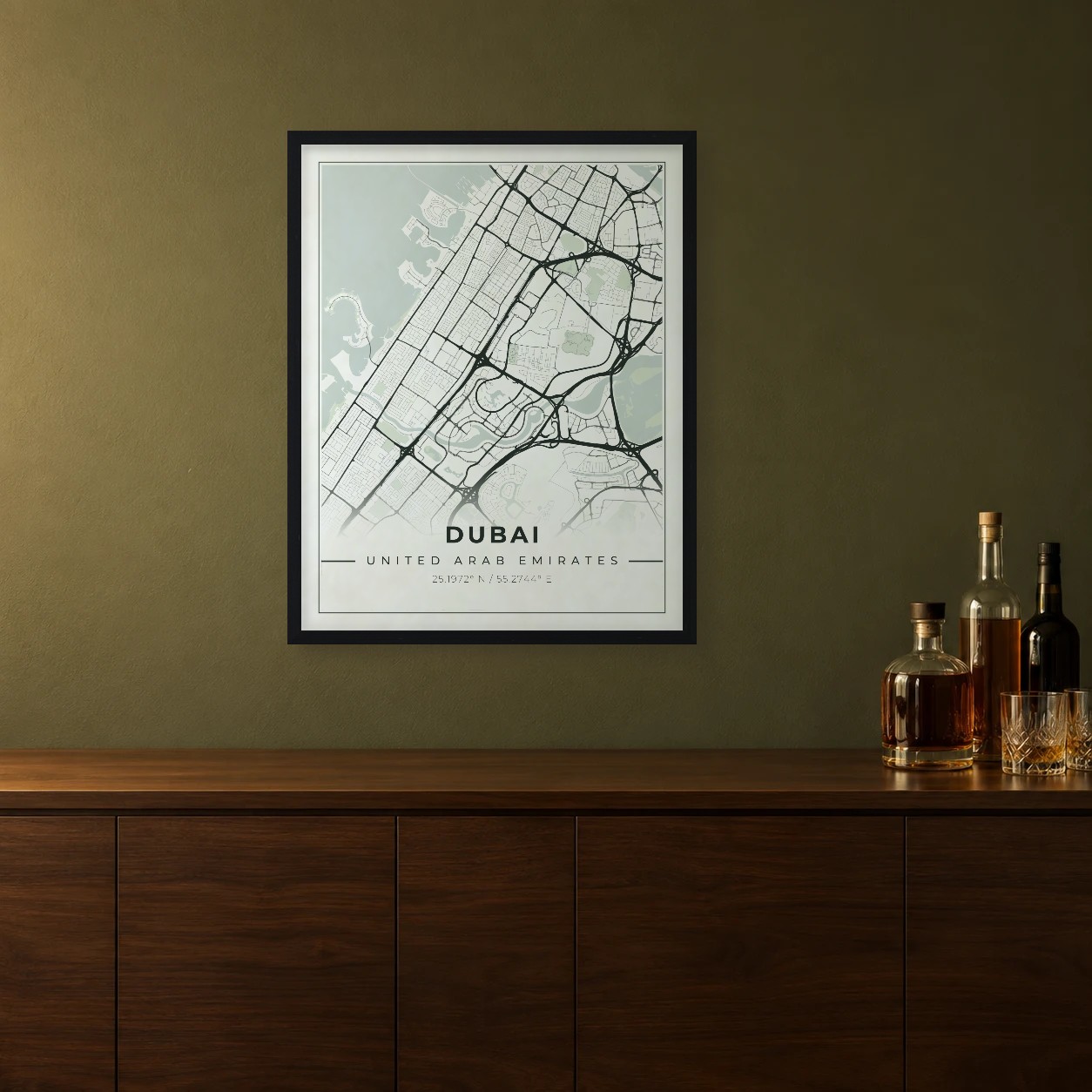 Dubai Sage map framed on a wall