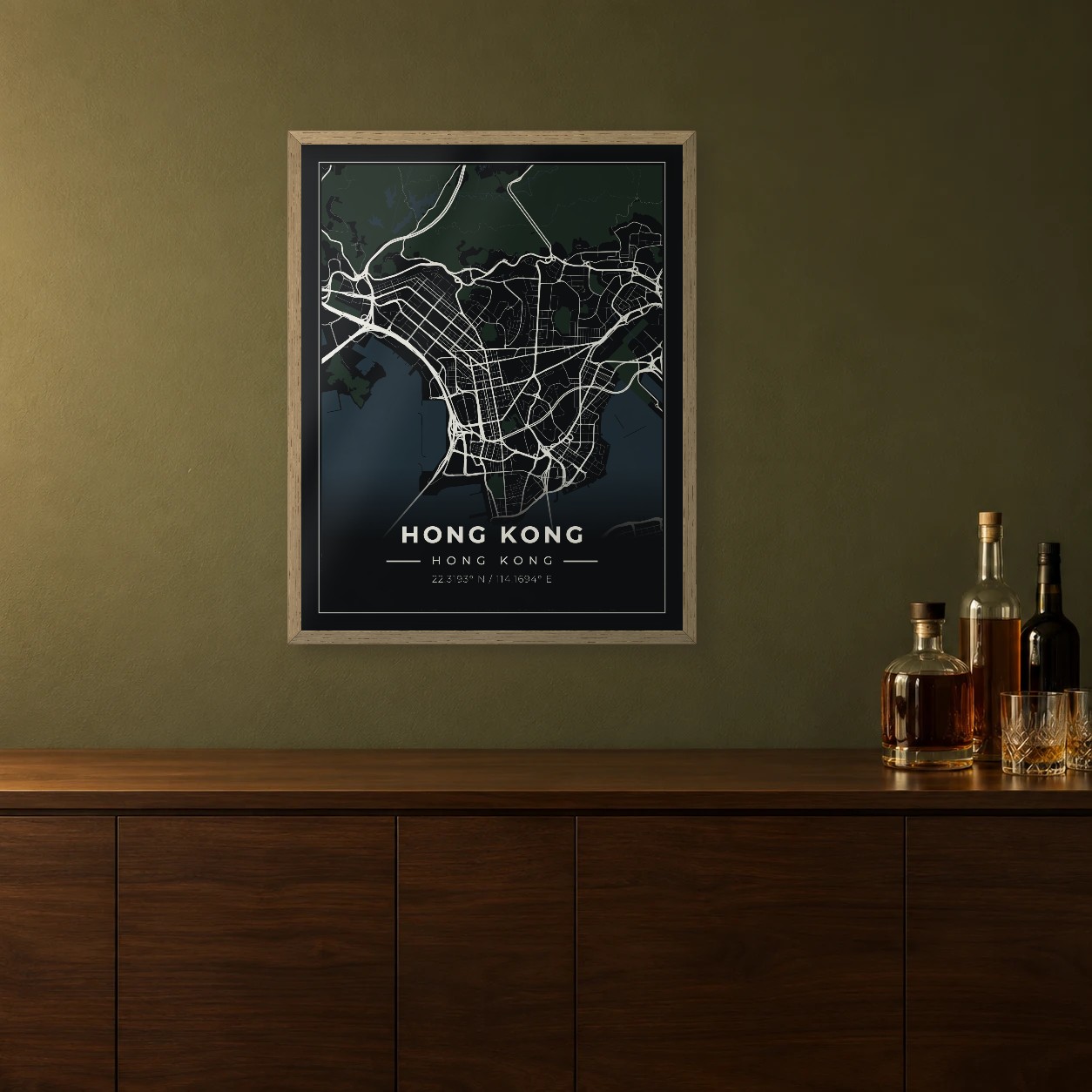 Hong Kong Midnight map framed on a wall