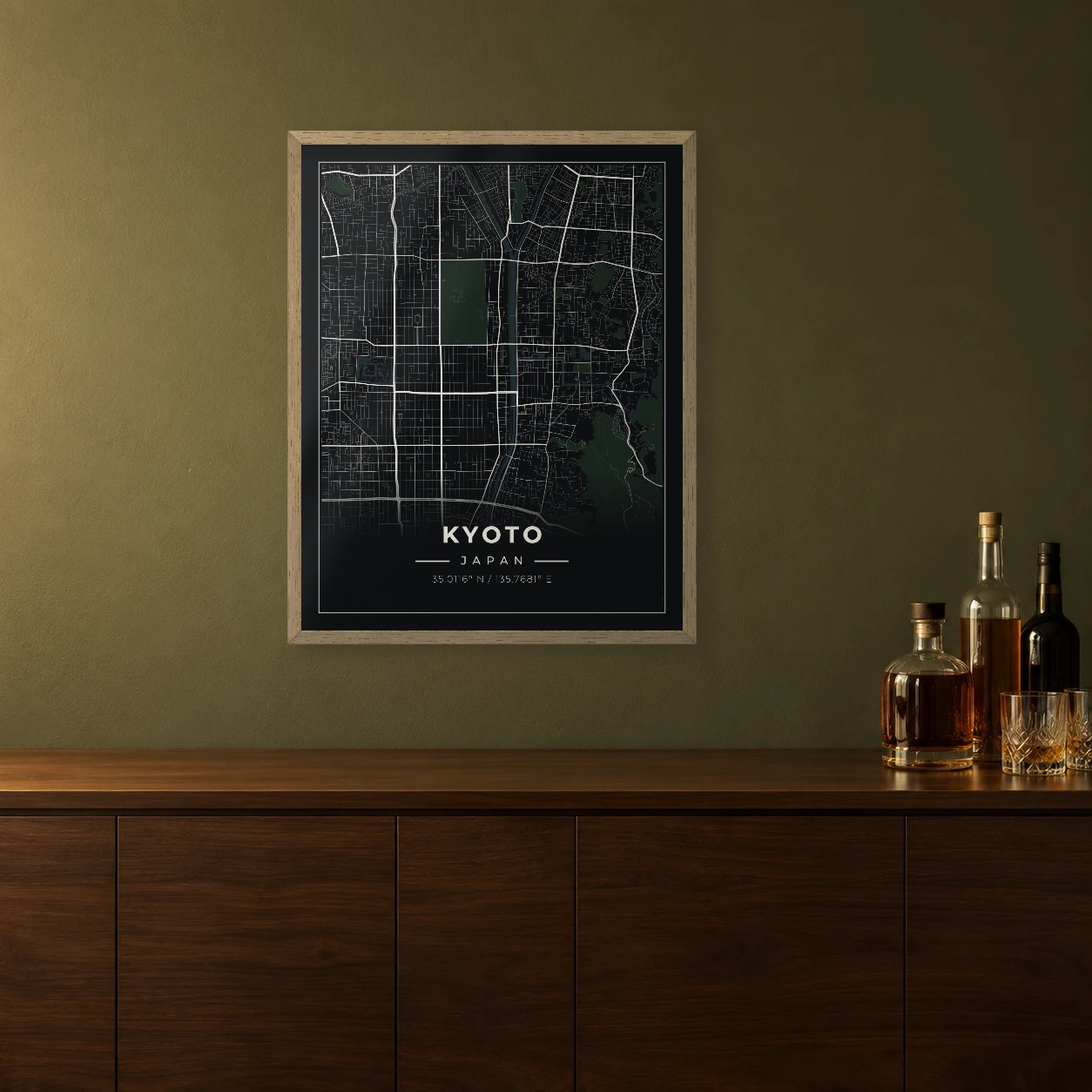 Kyoto Midnight map framed on a wall