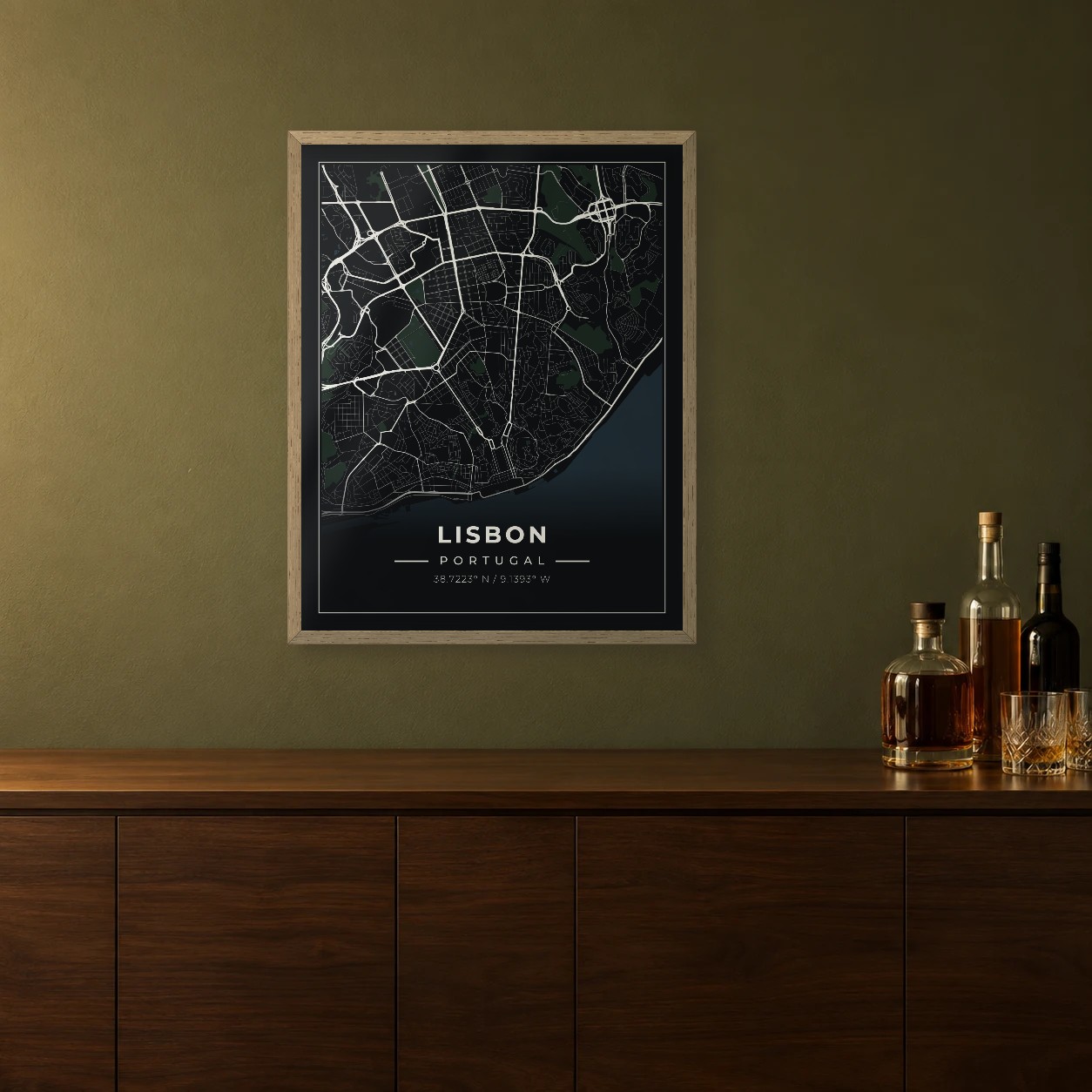 Lisbon Midnight map framed on a wall