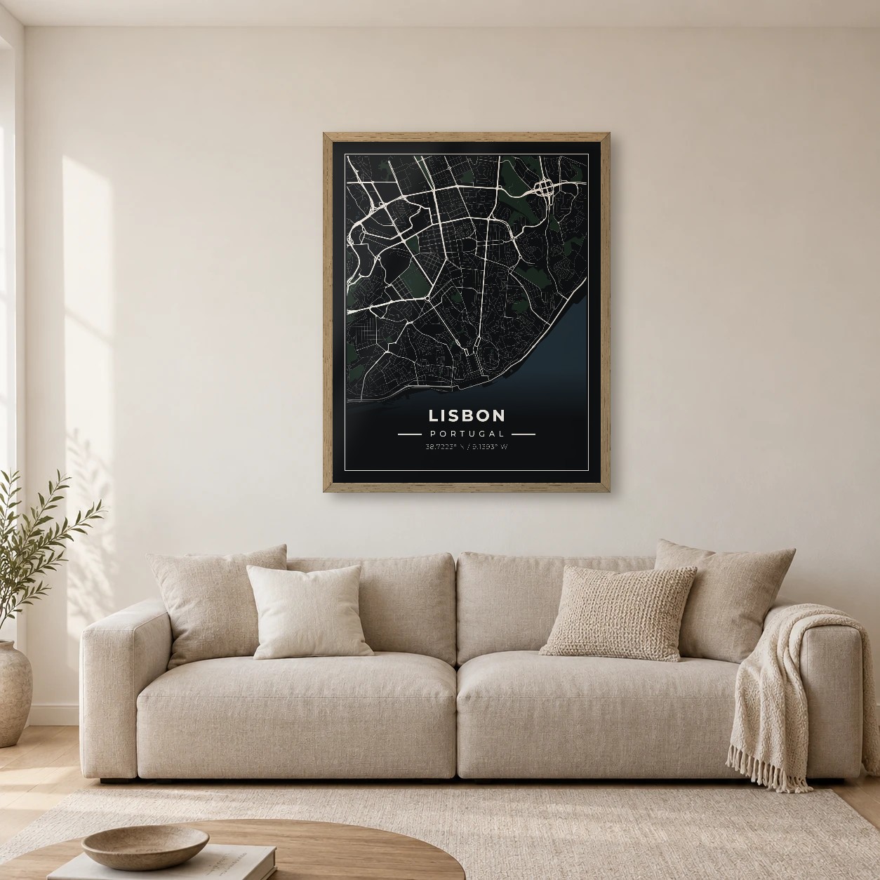 Lisbon Midnight map print, framed city wall art