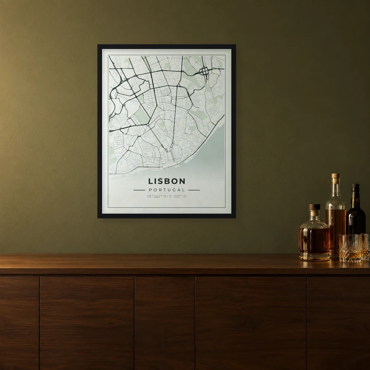 Lisbon Sage map framed on a wall
