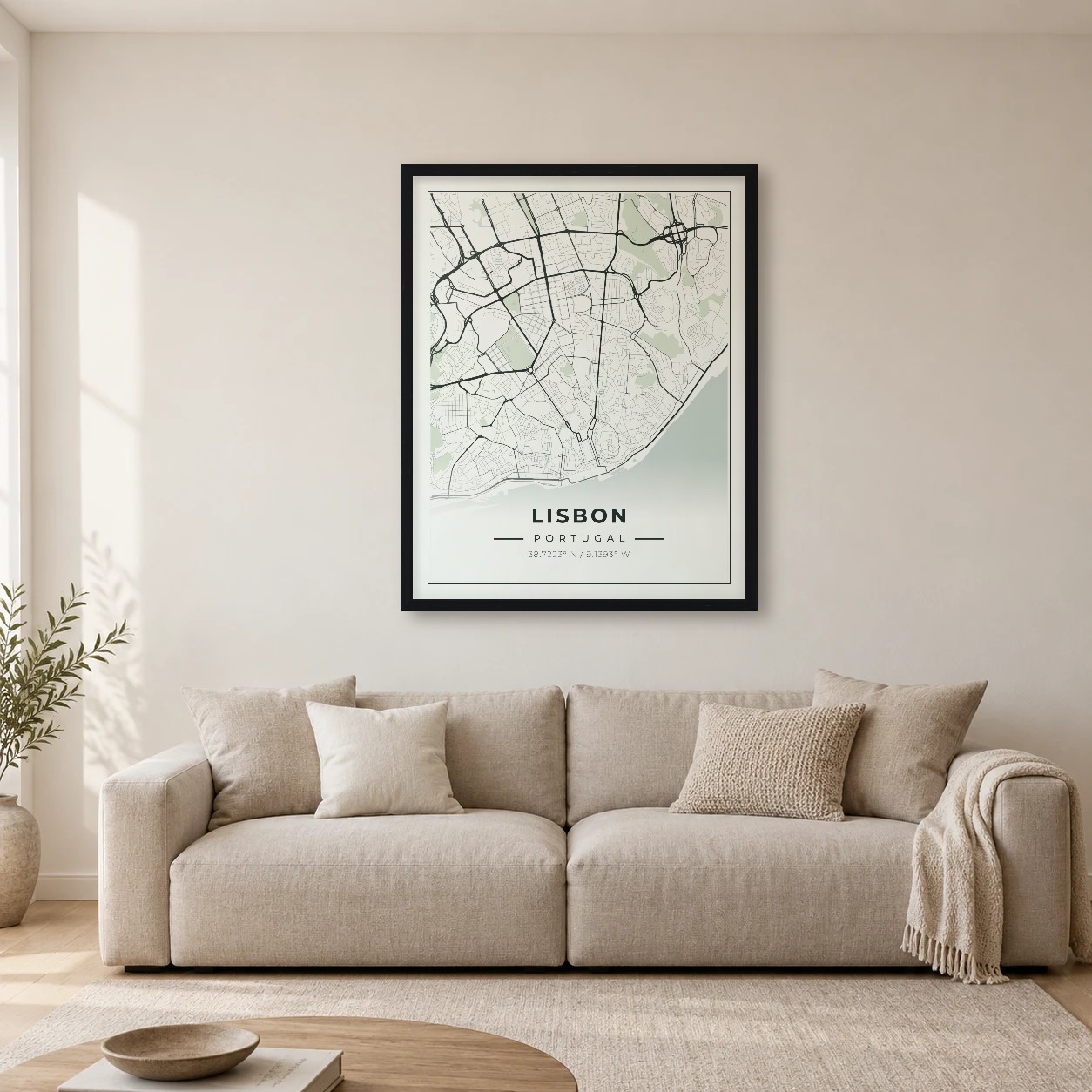 Lisbon Sage map print in a room