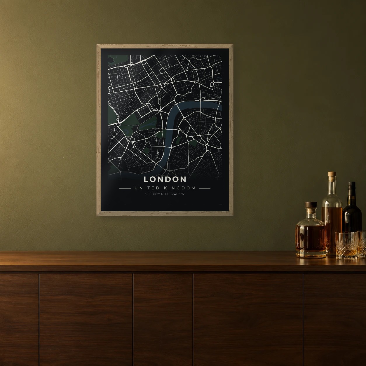 London Midnight map framed on a wall