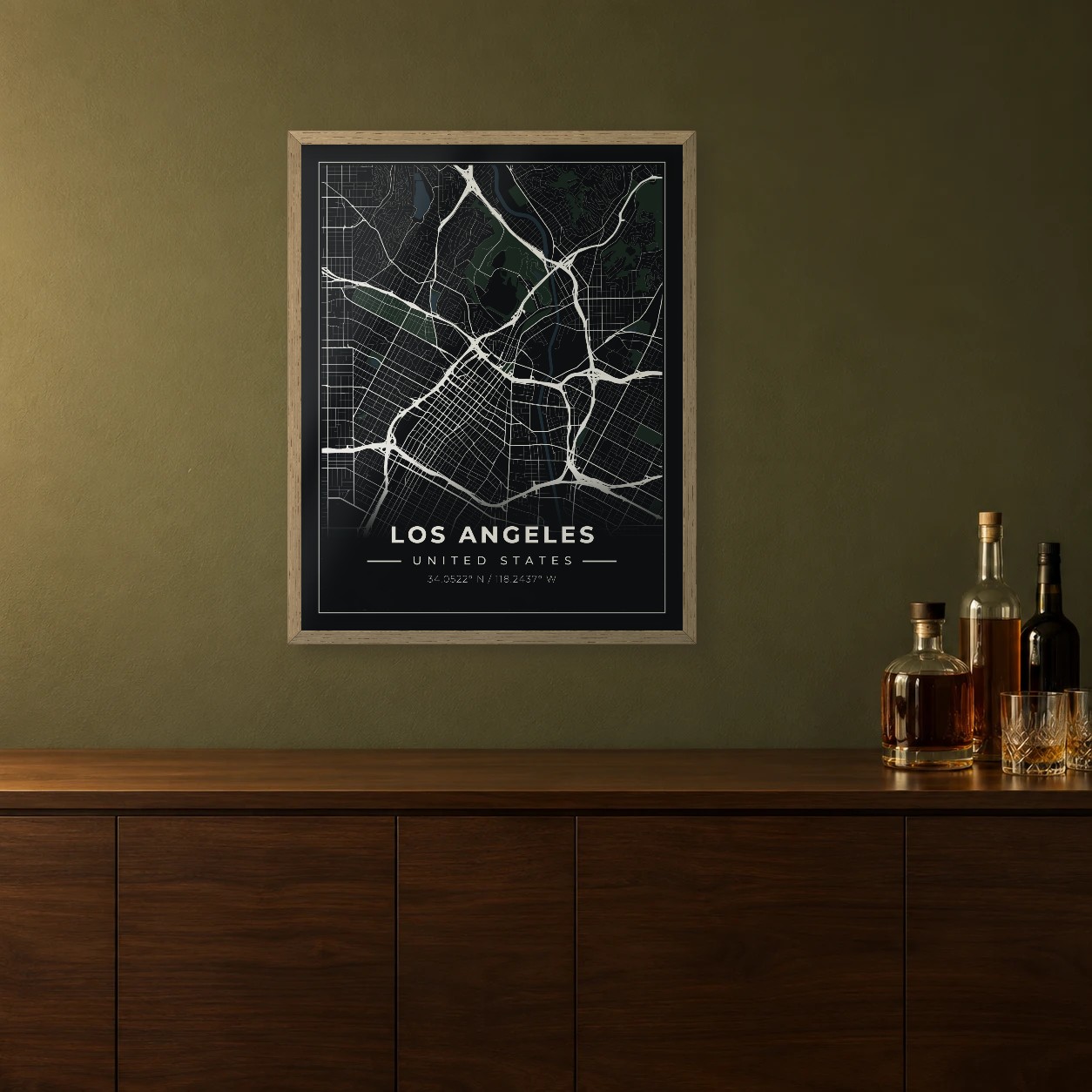 Los Angeles Midnight map framed on a wall