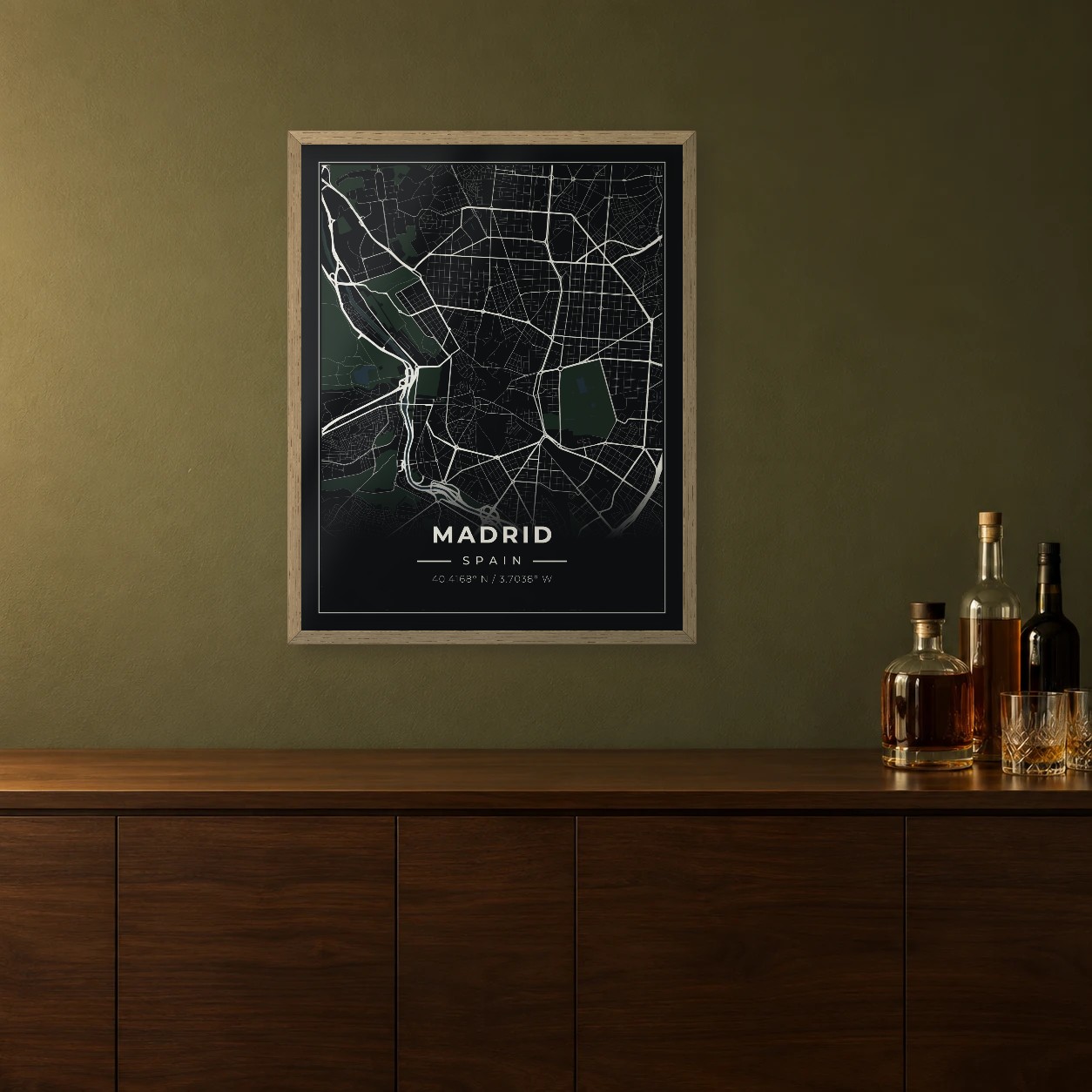 Madrid Midnight map framed on a wall