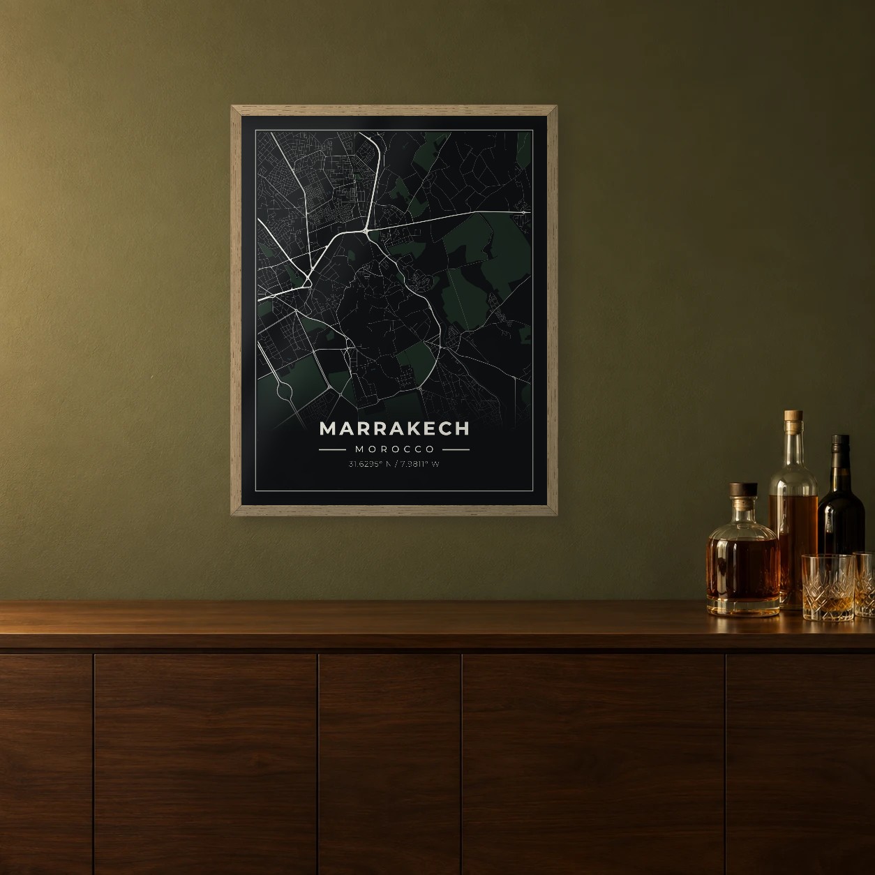 Marrakech Midnight map framed on a wall