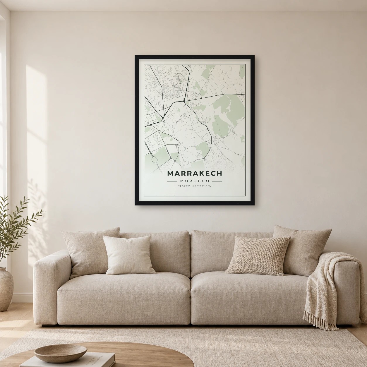Marrakech Sage map print in a room