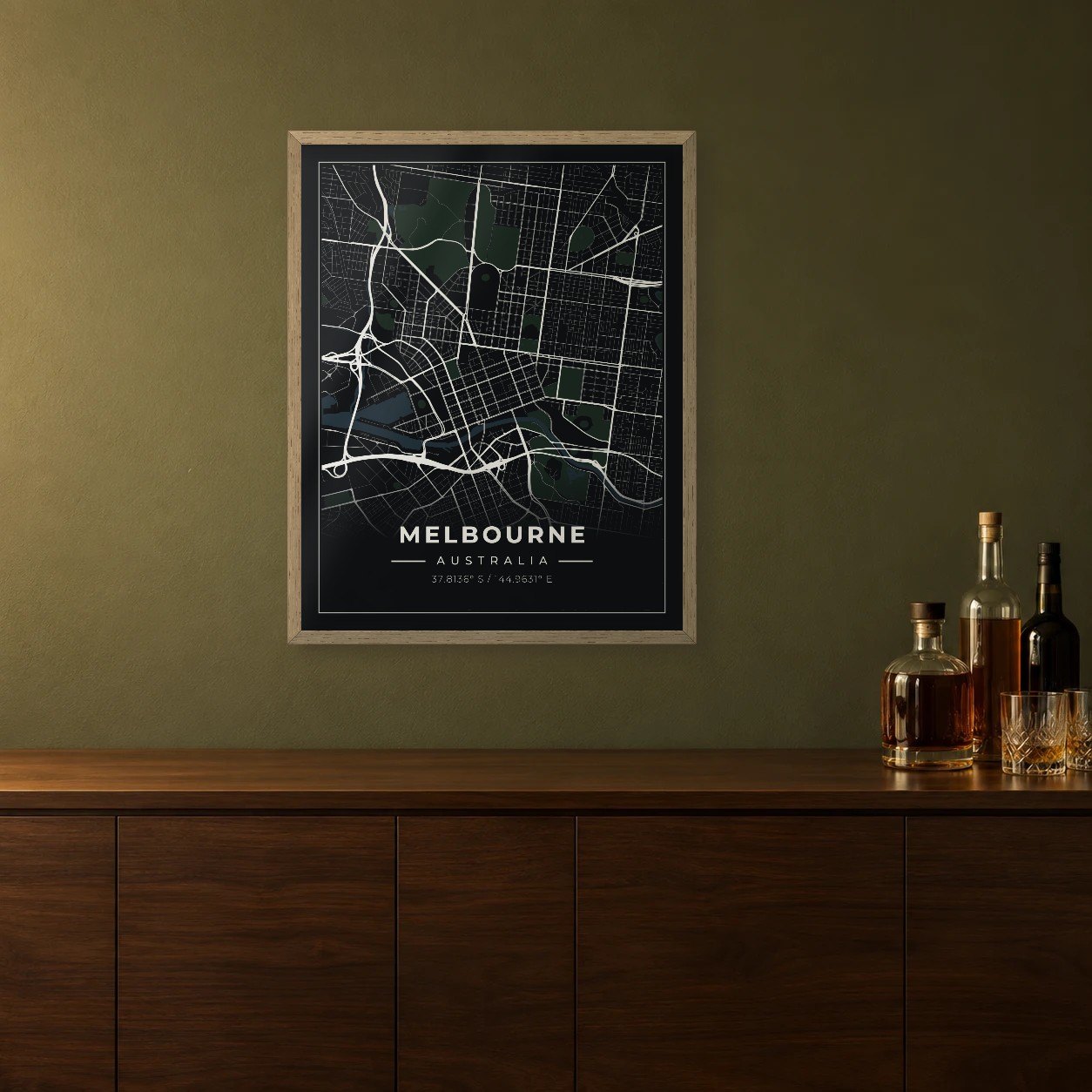 Melbourne Midnight map framed on a wall