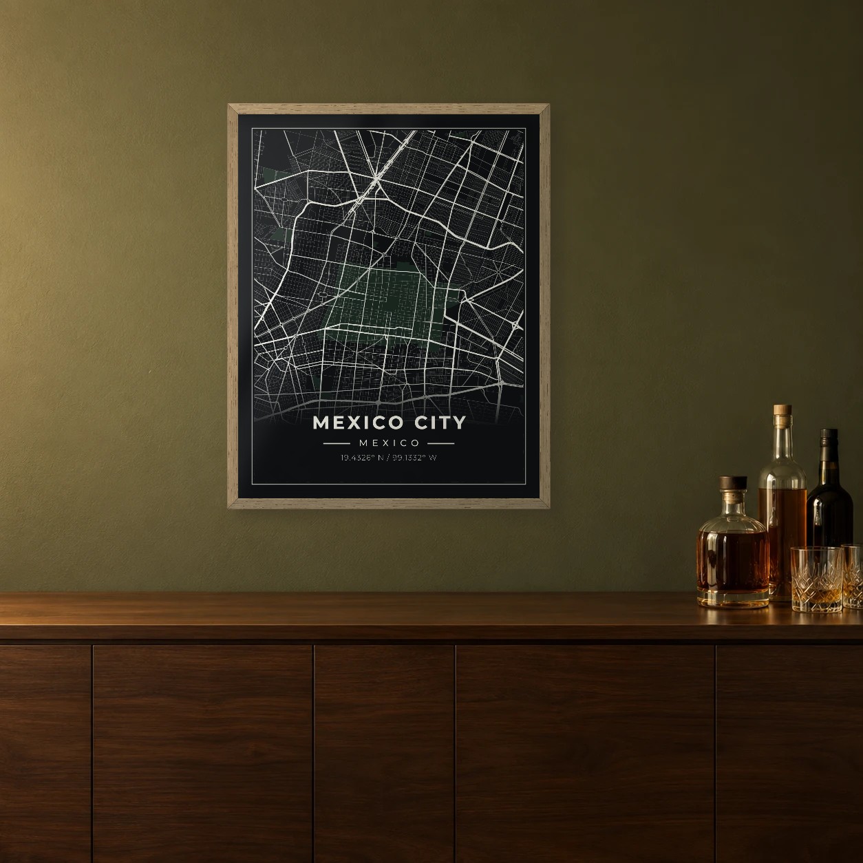 Mexico City Midnight map framed on a wall