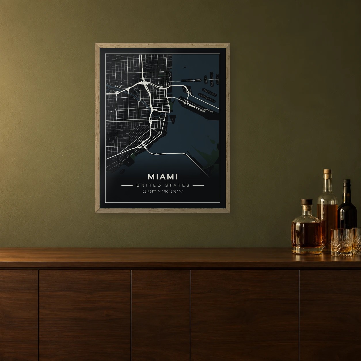 Miami Midnight map framed on a wall