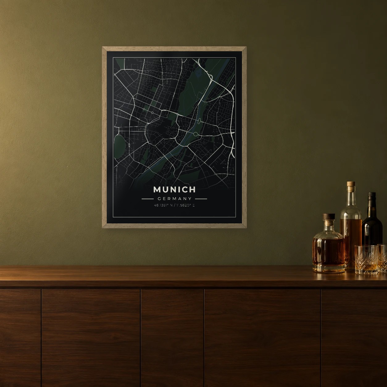 Munich Midnight map framed on a wall