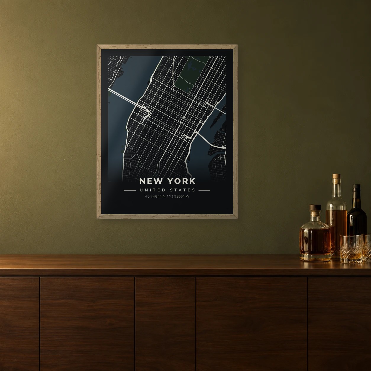 New York Midnight map framed on a wall