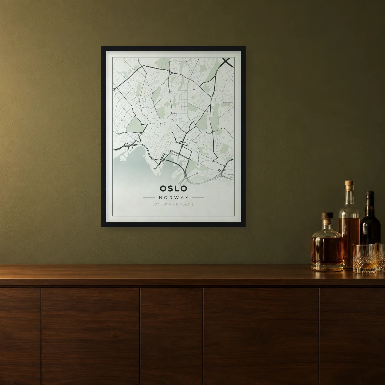 Oslo Sage map framed on a wall