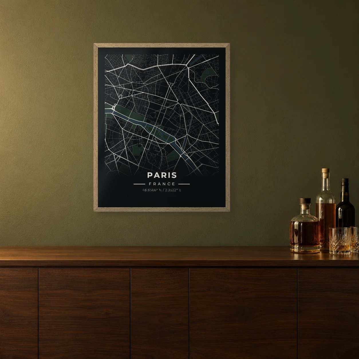 Paris Midnight map framed on a wall