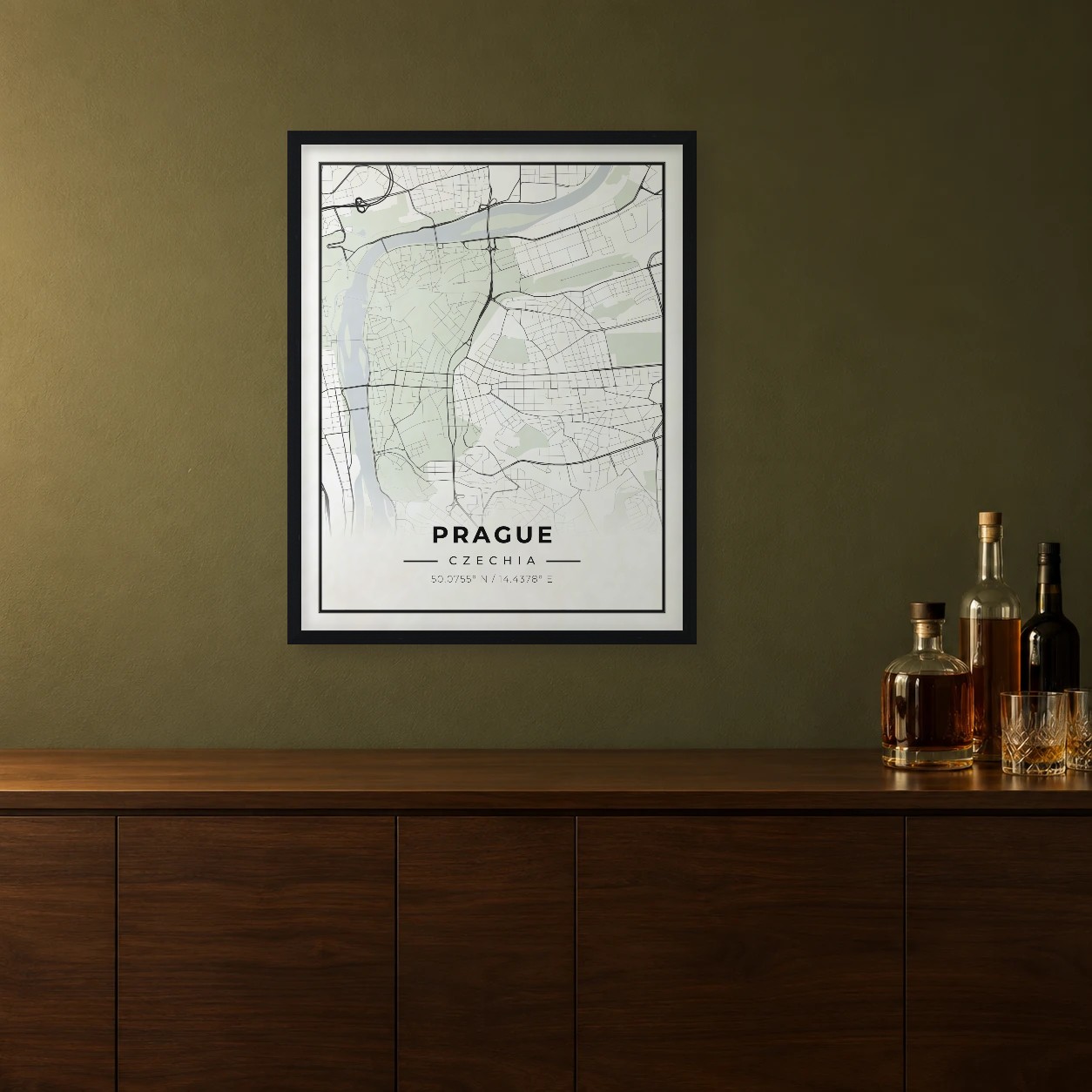 Prague Classic map framed on a wall