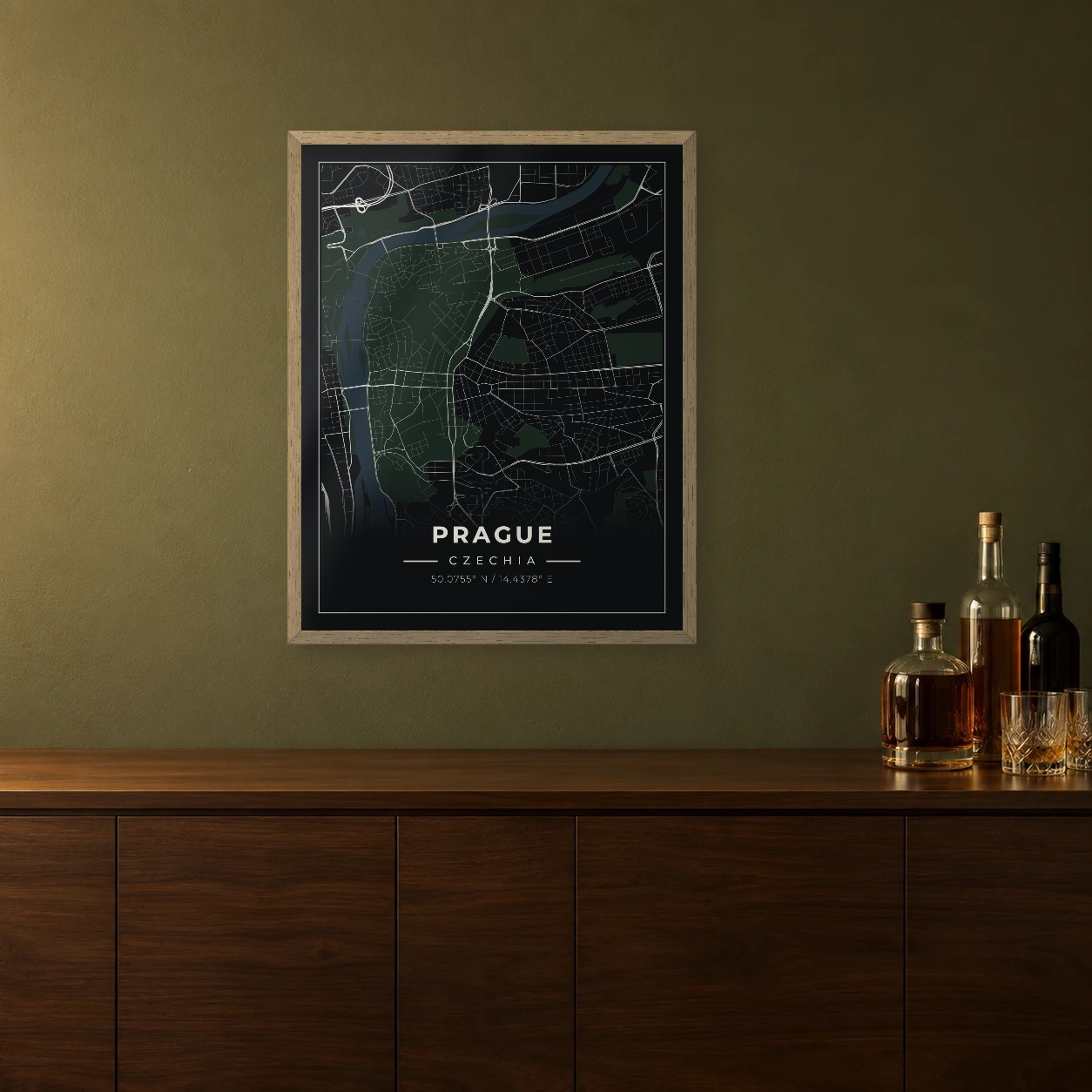 Prague Midnight map framed on a wall