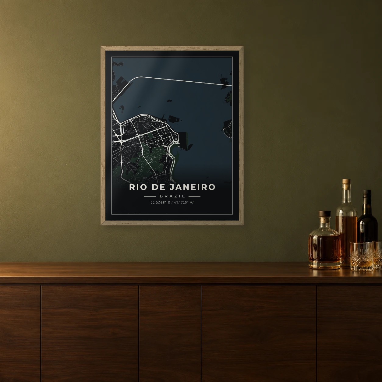 Rio de Janeiro Midnight map framed on a wall