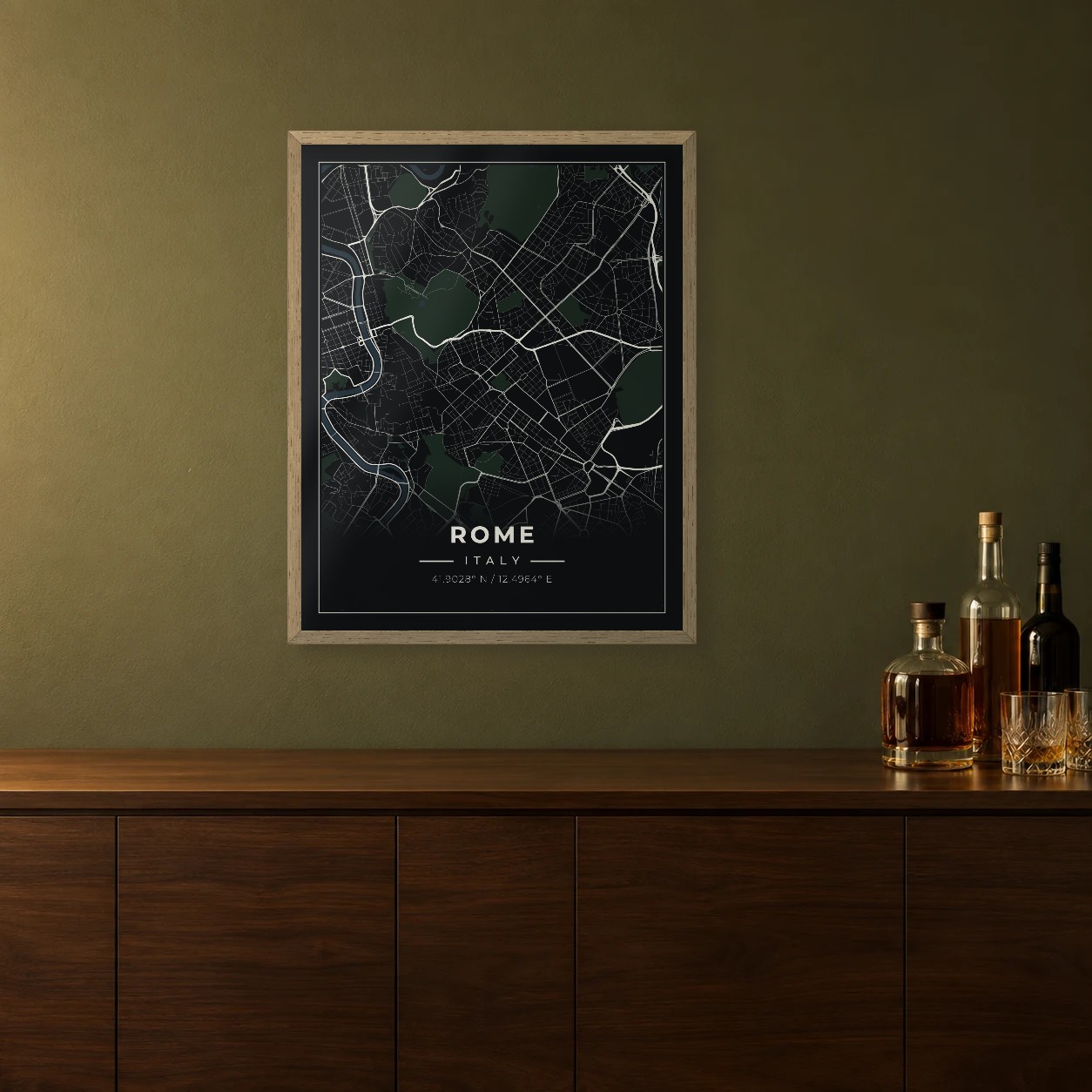 Rome Midnight map framed on a wall
