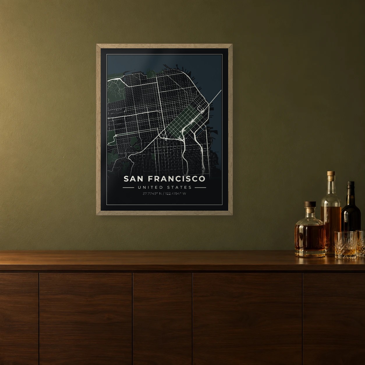 San Francisco Midnight map framed on a wall