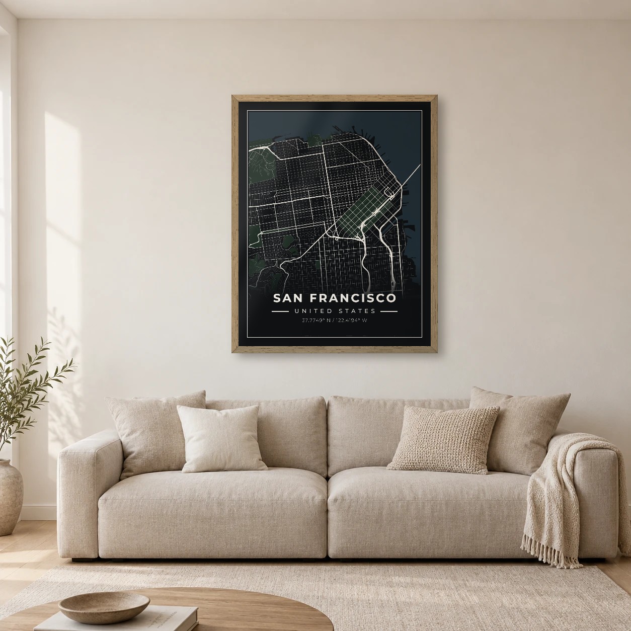 San Francisco Midnight map print, framed city wall art