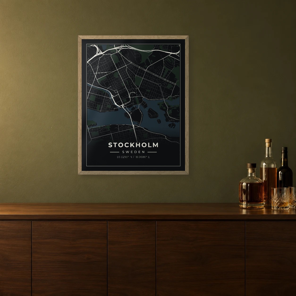 Stockholm Midnight map framed on a wall