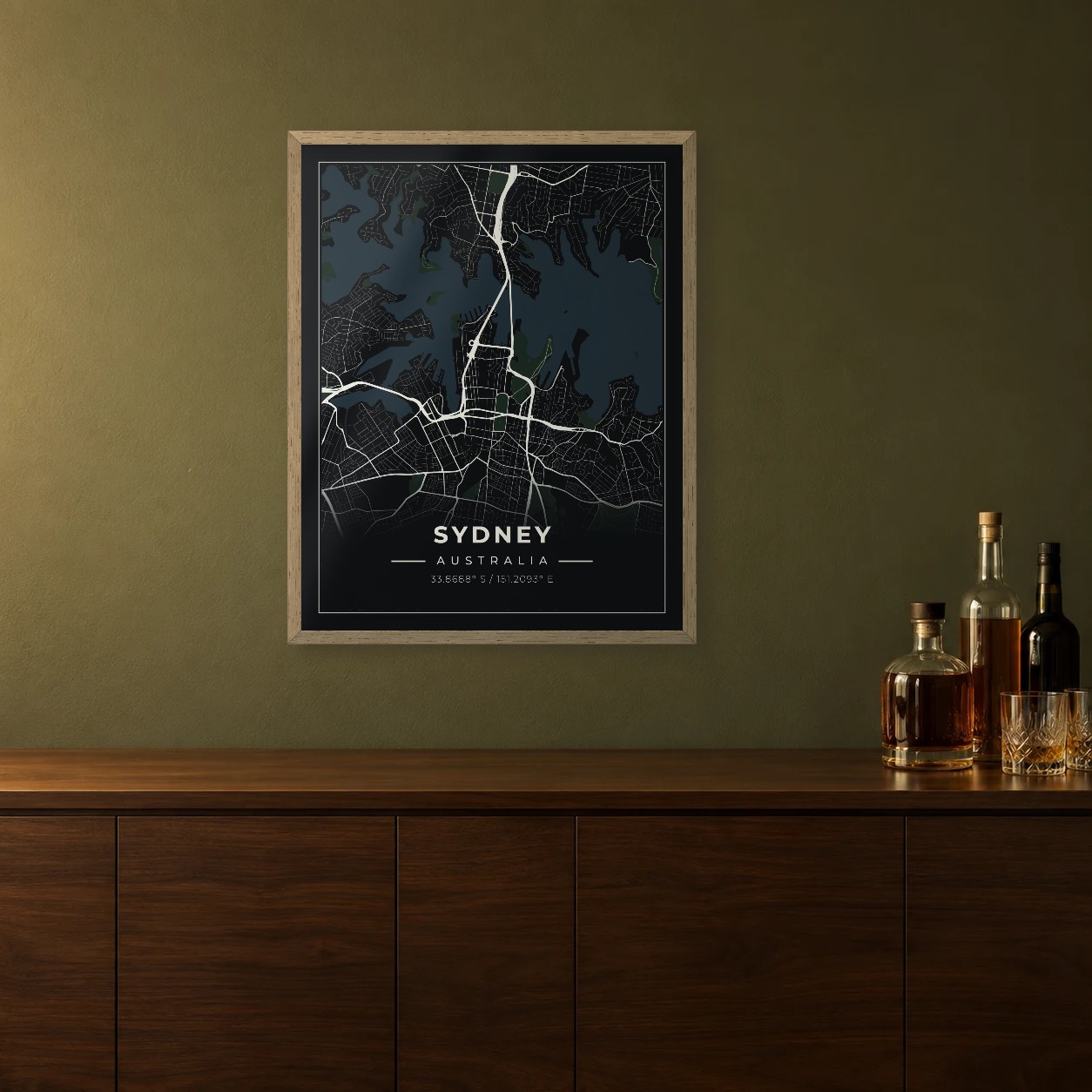 Sydney Midnight map framed on a wall