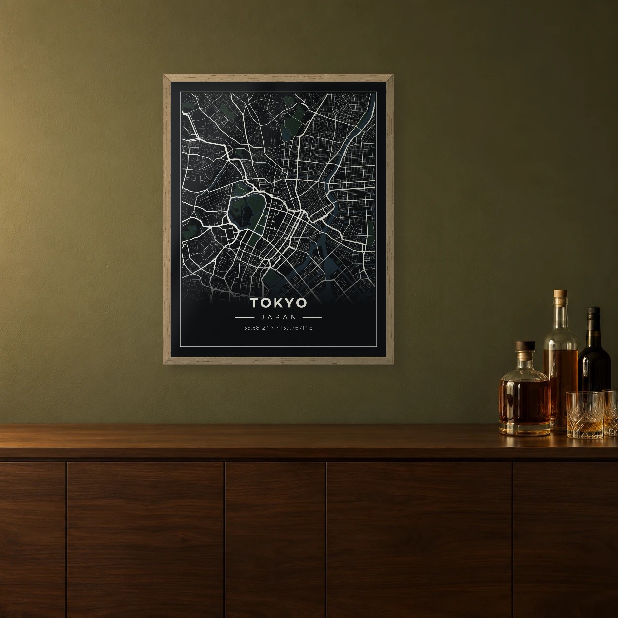 Tokyo Midnight map framed on a wall