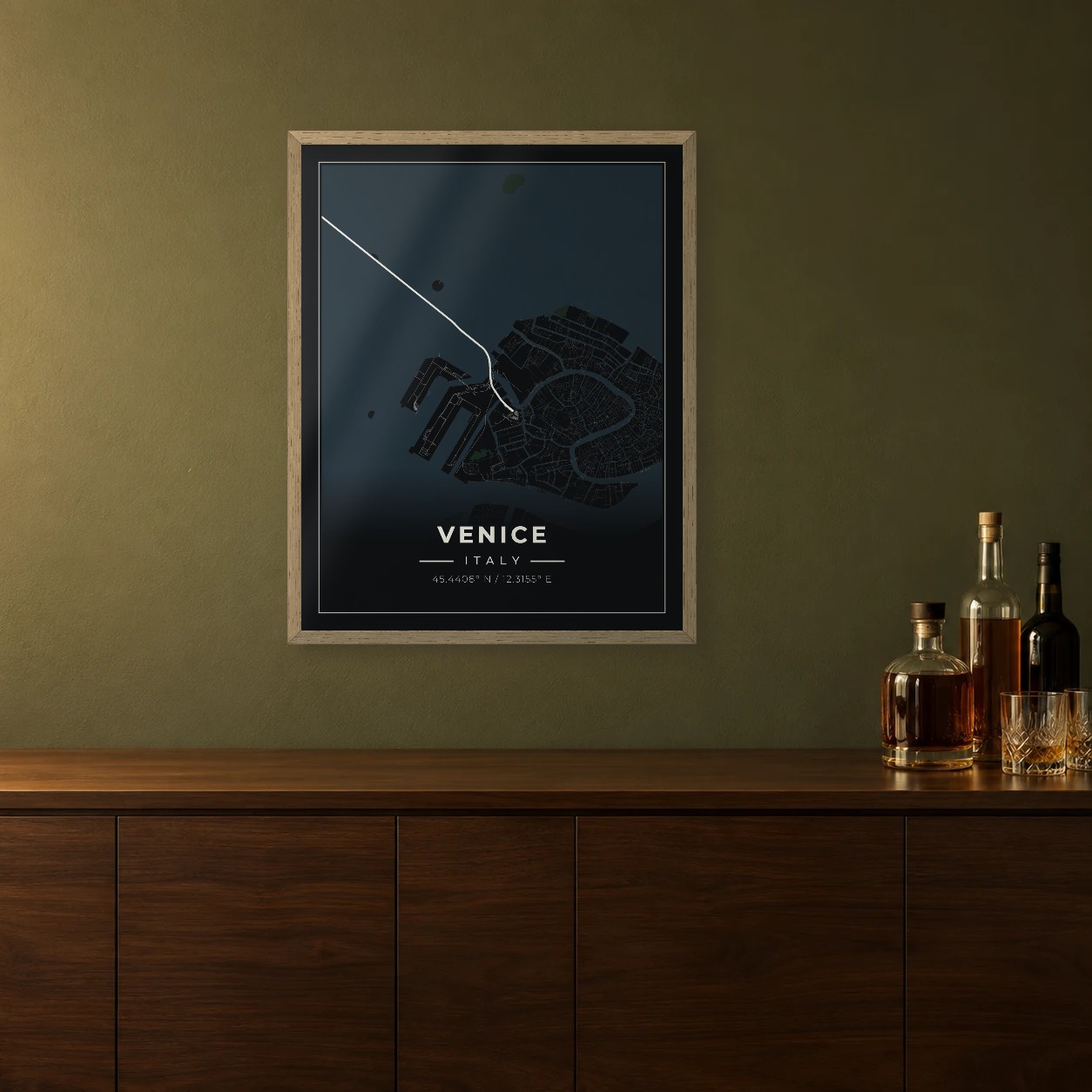 Venice Midnight map framed on a wall