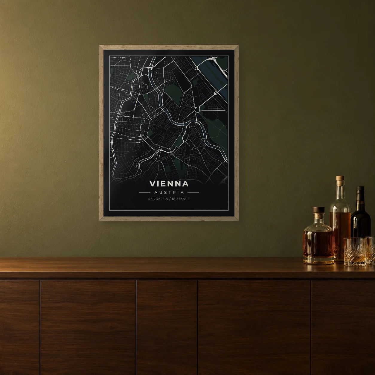 Vienna Midnight map framed on a wall