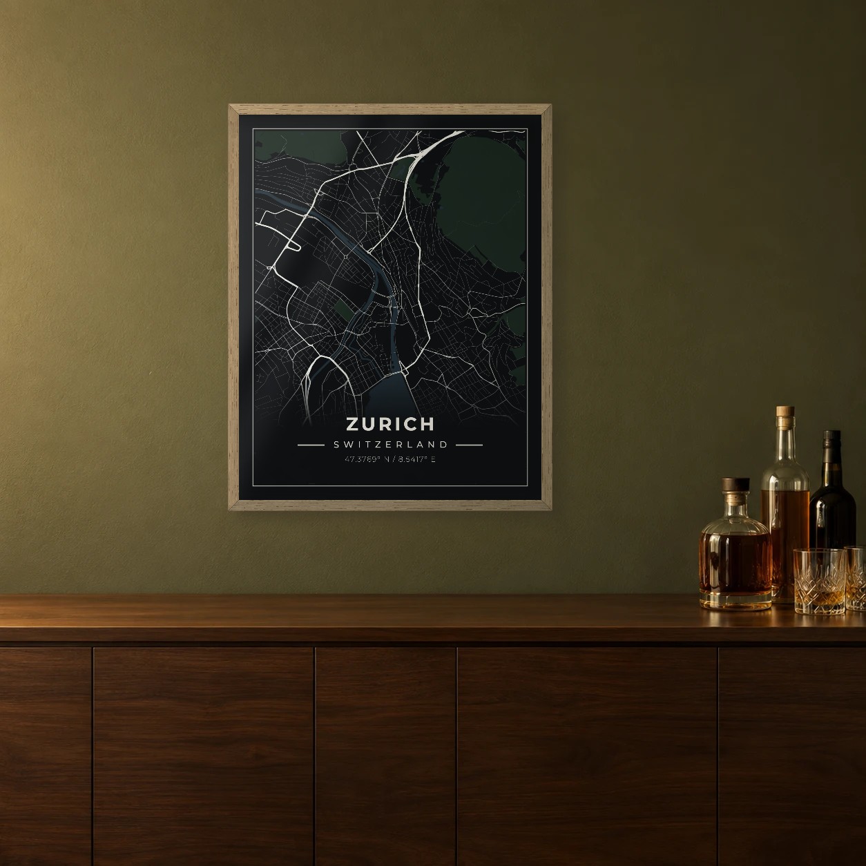 Zurich Midnight map framed on a wall